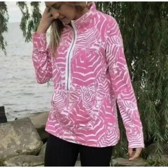 Lilly Pulitzer XS Half Zip Popover Sweatshirt Top Pink Umbrella Cabana Skipper - Picture 6 of 8